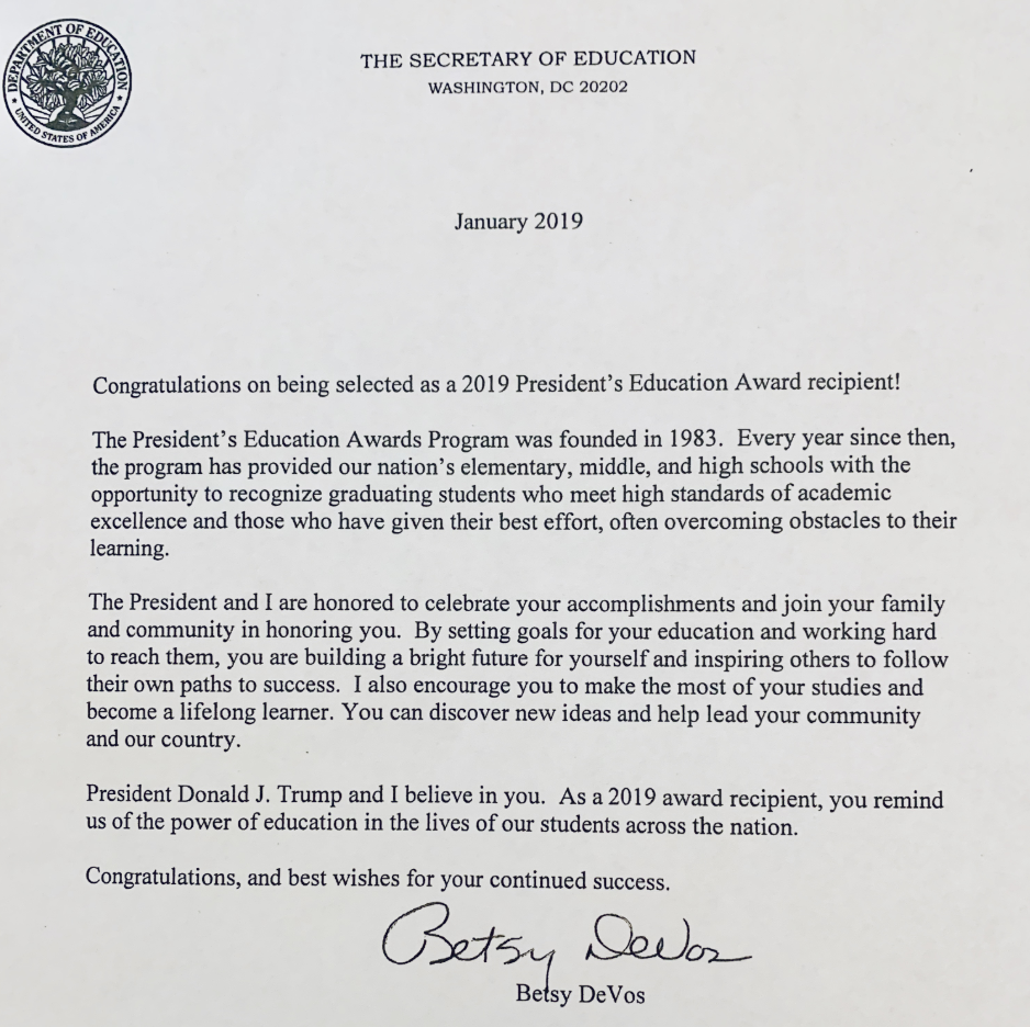 President's Award Letter from Betsy Devos